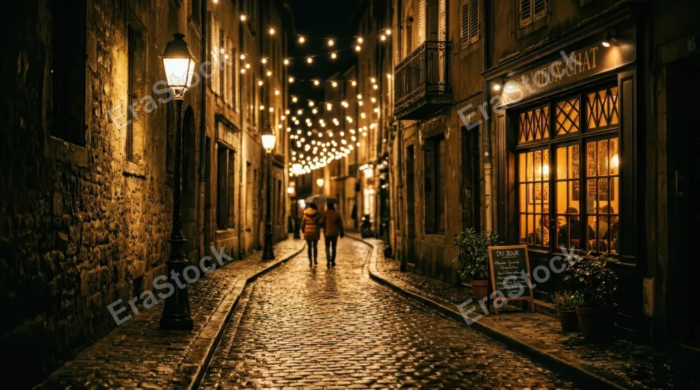Intimate nighttime street scene with vintage lampposts casting pools of golden light on empty cobblestone alley, warm window glow spilling from ground-floor caf es, string