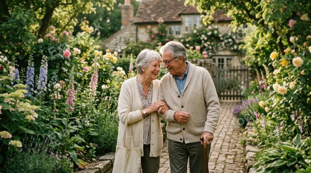 Senior woman and man walking a narrow brick pathway lined with tall perennials and flowering bushes, both wearing light cardigans, heads tilted together in conversation,
