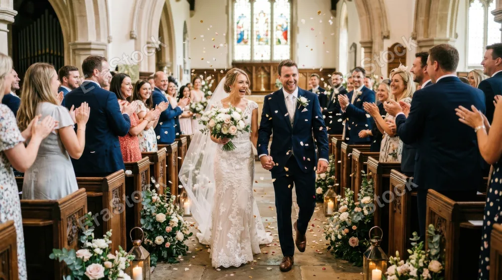 Couple holding hands while walking back down the aisle after ceremony, confetti and flower petals suspended mid-air around them, guests rising and applauding on both
