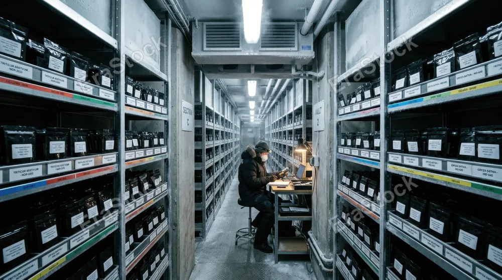 A seed bank vault corridor deep underground, steel shelving units stretching the full length of a refrigerated tunnel, thousands of labeled black foil seed packets