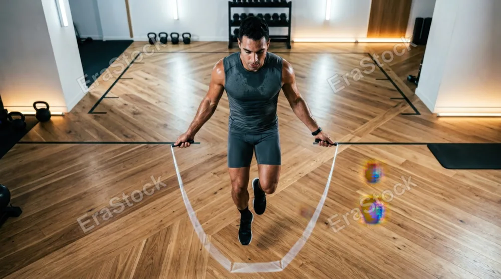 Overhead view of adult fitness trainer jumping rope indoors in modern gym studio, rope creating geometric patterns in mid-motion, muscular form in sleek workout clothing