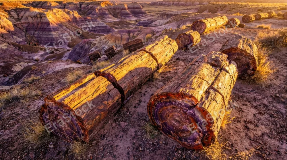Arizona Petrified Forest at golden hour, massive agatized tree trunks lying in broken segments across a Painted Desert landscape of purple and red badlands, the cut ends of the logs revealing