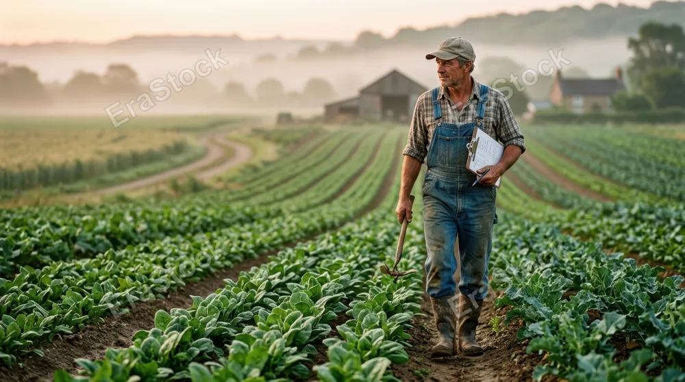 Early morning farmer in denim overalls striding confidently through crop rows with clipboard, checking plant health and growth patterns, foreground crops in sharp focus