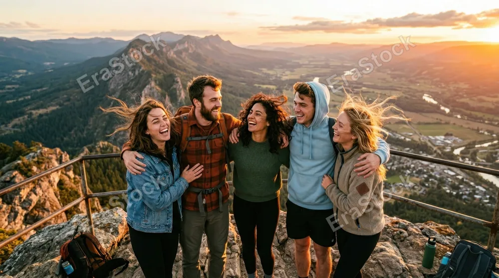 A group of friends laughing together on a scenic mountaintop overlook, arms around each other, wind in hair, panoramic valley landscape stretching behind them, golden