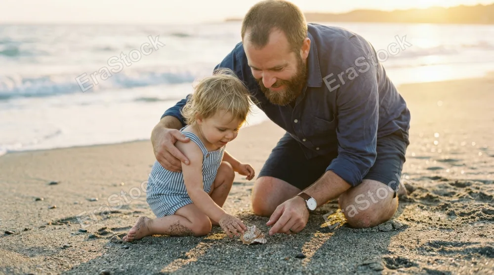 Bearded father kneeling beside his toddler at a sandy beach, both examining a seashell together, father's protective arm around child's shoulders, child reaching toward