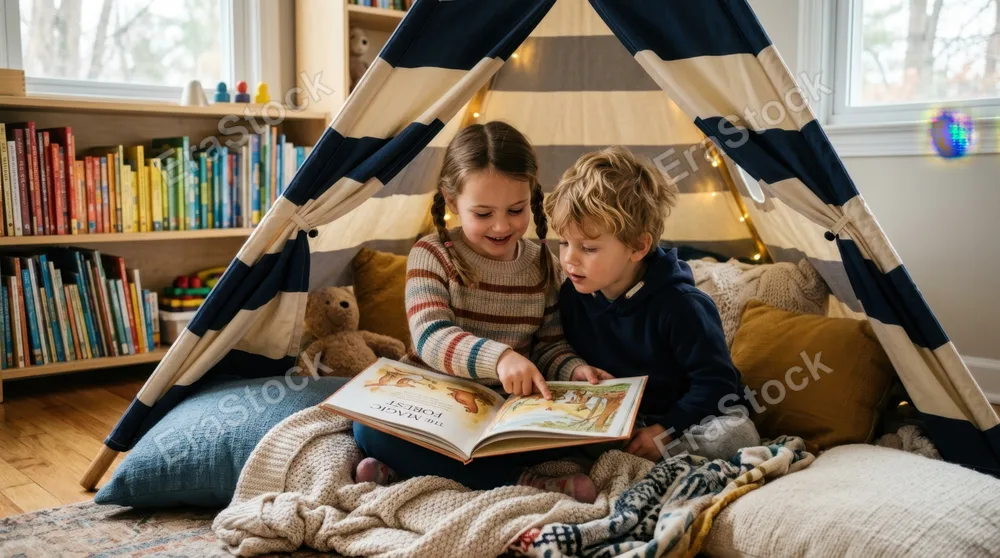 Two young children huddled together in a striped reading tent, one pointing at illustrations in an open storybook while the other listens intently, cushions and blankets
