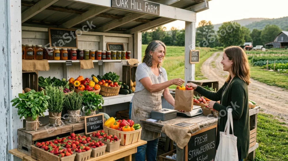 Outdoor farm stand with white wooden frame and open-air display, showcasing bunches of fresh herbs, colorful bell peppers, strawberries in cardboard containers, and jars