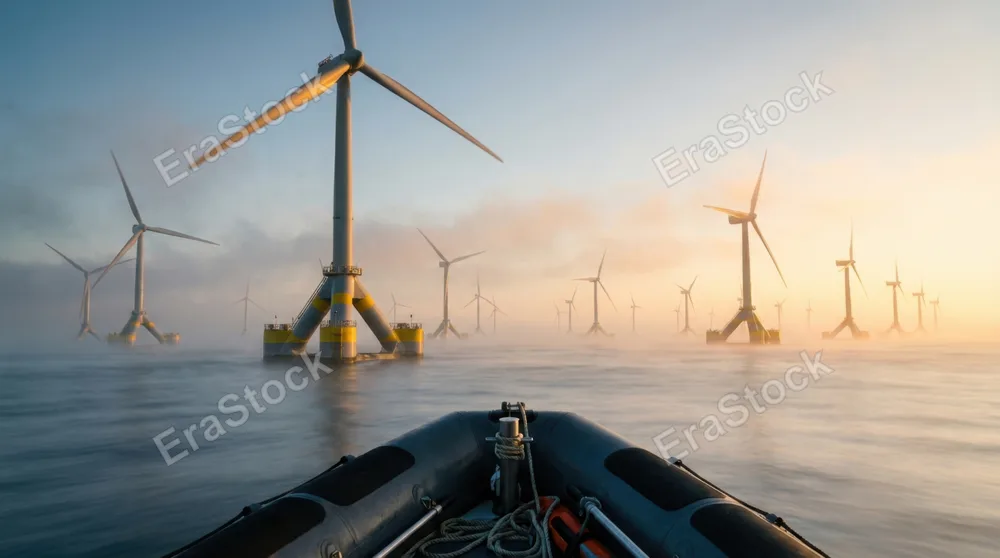 Concept render of a floating offshore wind farm at dawn seen from sea level, dozens of enormous turbine towers rising from calm water on semi-submerged triangular platforms, blades turning slowly in