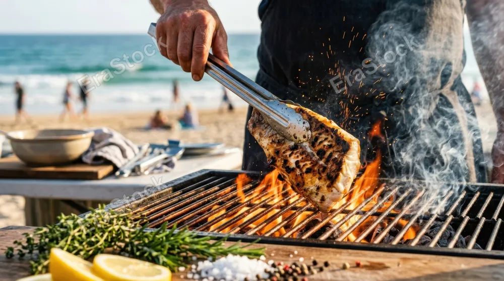 Close-up of tongs flipping a perfectly seared fish fillet over hot flames, sparks and smoke rising dramatically, grill grates glowing orange-red, fresh herb sprigs and