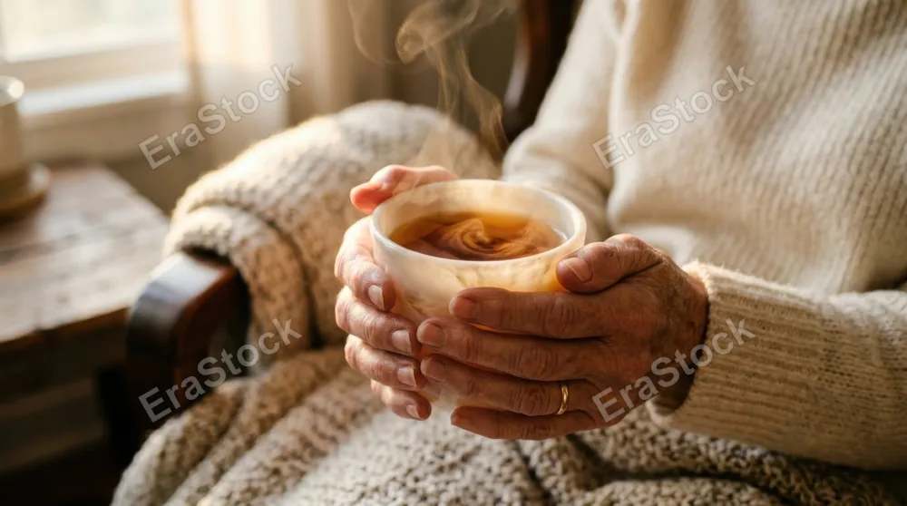 Hands folding around a warm mug during quiet indoor moment, close-up of weathered fingers and wrists against soft ceramic surface, swirling pattern of tea visible through
