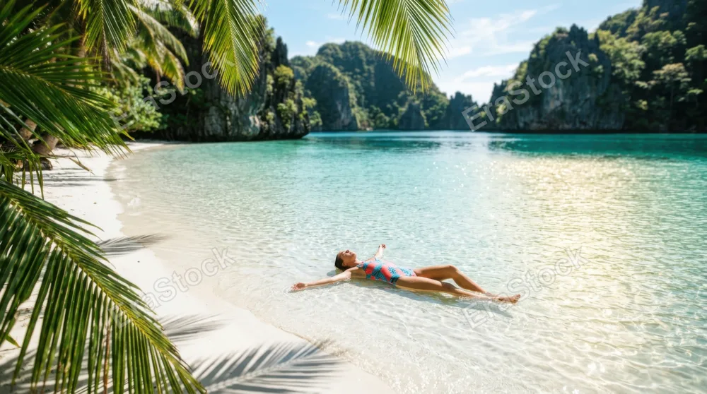 Crystal-clear turquoise lagoon water lapping against white sand beach, a solo swimmer in vibrant swimwear floating peacefully on their back, tropical palm fronds overhead