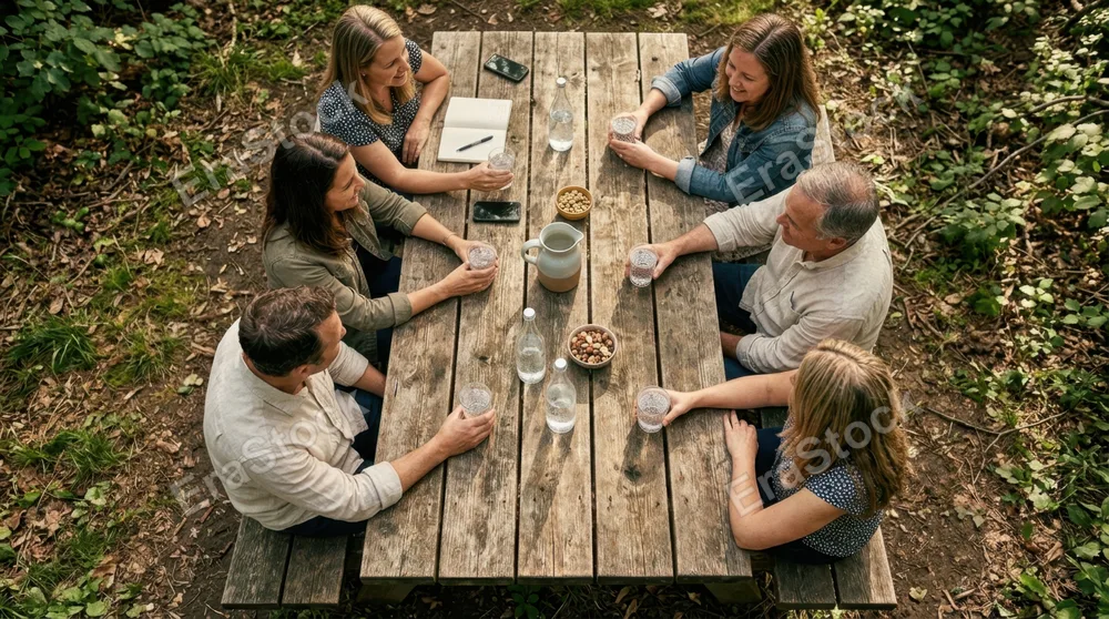 an overhead view of the rustic wooden park table where coworkers are enjoying sparkling water, positioned in a natural setting filled with trees and soft sunlight. the