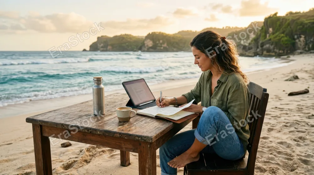 Professional working at rustic wooden table on secluded sandy shoreline, coffee cup and water bottle beside open notebook and tablet device, gentle ocean breeze visible