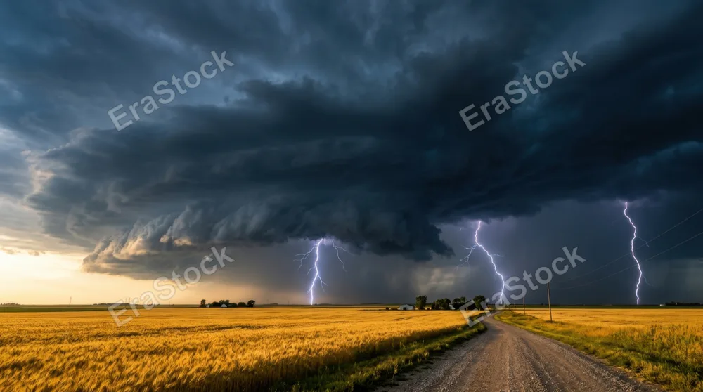 A midsummer thunderstorm approaching over flat farmland, a wall of dark cumulonimbus clouds filling two-thirds of the frame, lightning visible in three places simultaneously, a golden field in the