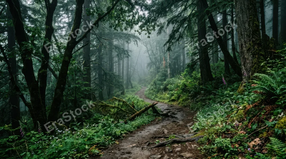 A winding dirt trail disappearing into a dense misty forest, towering trees creating dramatic perspective lines, forest canopy creating dappled light patterns across the