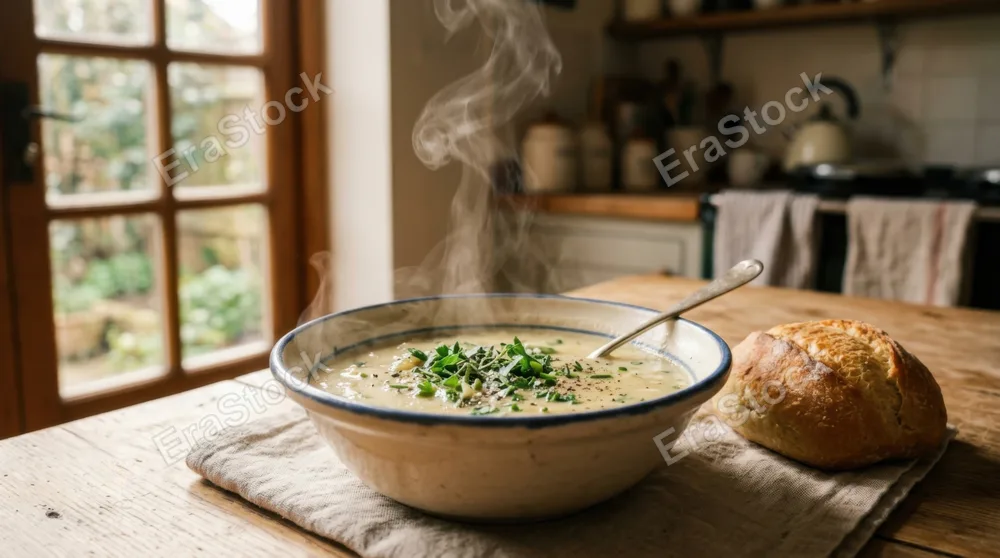 Steaming bowl of creamy soup with fresh herbs scattered across the surface, warm bread roll beside it, condensation rising from the ceramic dish, soft natural window