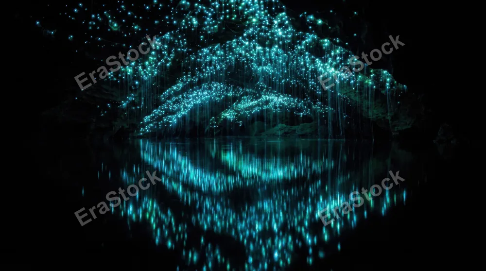 Bioluminescent cave ceiling covered in glowworm colonies, thousands of tiny blue-green light points suspended in darkness like an inverted starfield, fine silk threads hanging below each larva