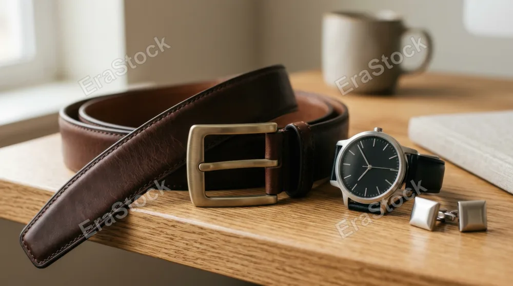 Close-up of a sophisticated leather belt with a brushed metal buckle draped over a wooden desk beside a sleek analog wristwatch and polished cufflinks catching soft