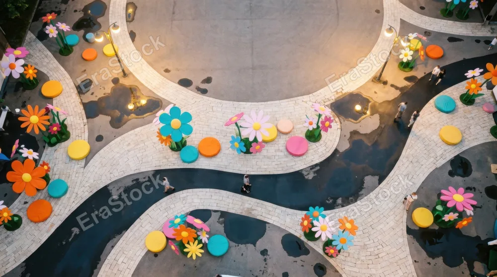 an overhead angle captures the exhibition space, revealing the playful arrangement of giant flowers and the vibrant cushions, intermingling with reflective shallow