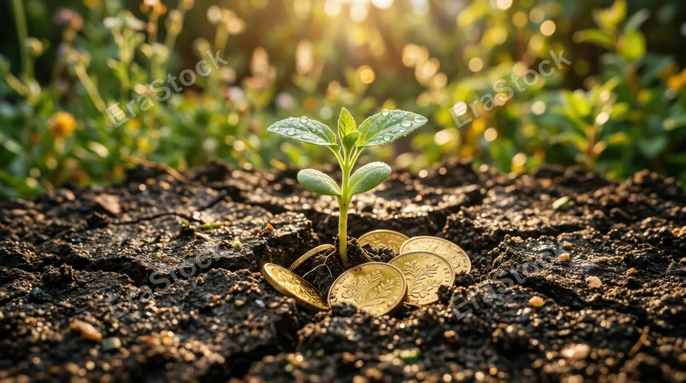Sprouting seedling breaking through cracked earth surface with soft green shoots emerging, soil particles illuminated by golden morning sunlight, dewdrops glistening on