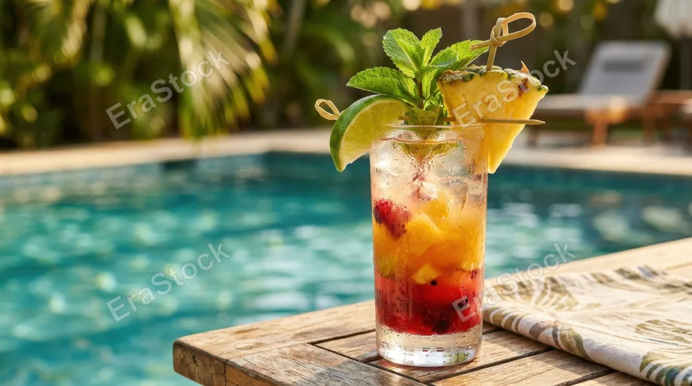 Vibrant tropical fruit cocktail in a tall glass with fresh lime wedge, pineapple slice, and mint leaf garnish, condensation beading on chilled glass, colorful layers of