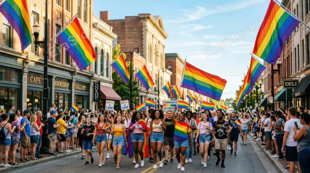 Vibrant rainbow pride flags fluttering in bright sunlight along an urban street, multiple flags hanging from decorative poles and storefronts, crisp color stripes