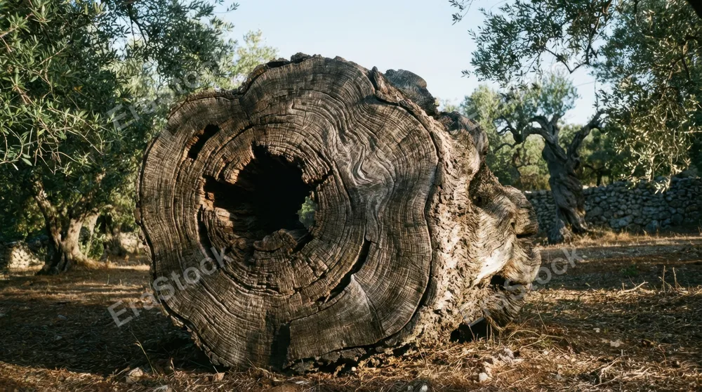 Ancient olive tree trunk cross-section in Cretan grove, gnarled wood grain spiralling around hollow heartwood, 2,000-year growth rings illegible by eye but implied by circumference, morning light