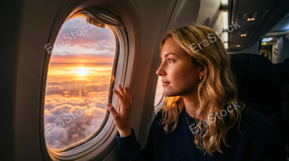 Young woman gazing out airplane window at golden sunset, her face half-lit by warm orange light reflecting off clouds below, hand resting against curved window frame,