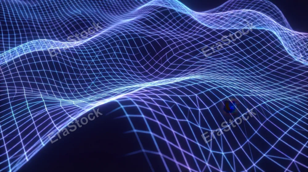 A glowing grid bending like fabric in a digital space, with lines stretching and warping to form abstract waves. Style is futuristic digital render, neon glow, minimalistic composition. No brand