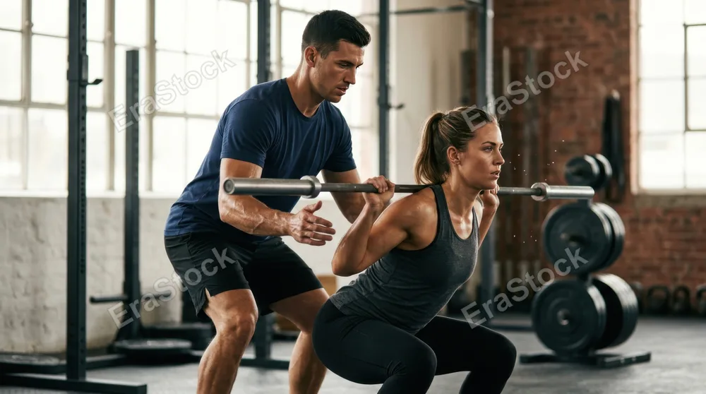Athletic trainer demonstrating proper form on a heavy barbell squat, muscles tensed and glistening with exertion, spotting hands positioned close behind a client's
