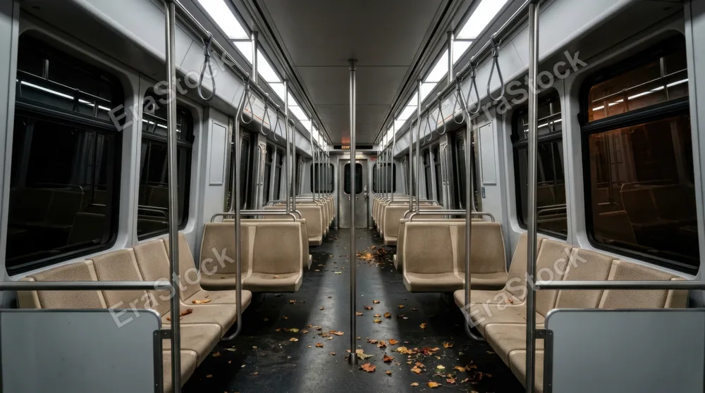 Vacant subway car interior with empty seats arranged in neat rows, harsh LED strips illuminating beige upholstery, reflection in darkened windows showing the emptiness