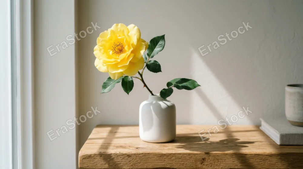 Single vibrant yellow rose stem placed in a minimalist white ceramic vase on a wooden shelf against a neutral wall, cast shadow creating geometric lines on the surface,