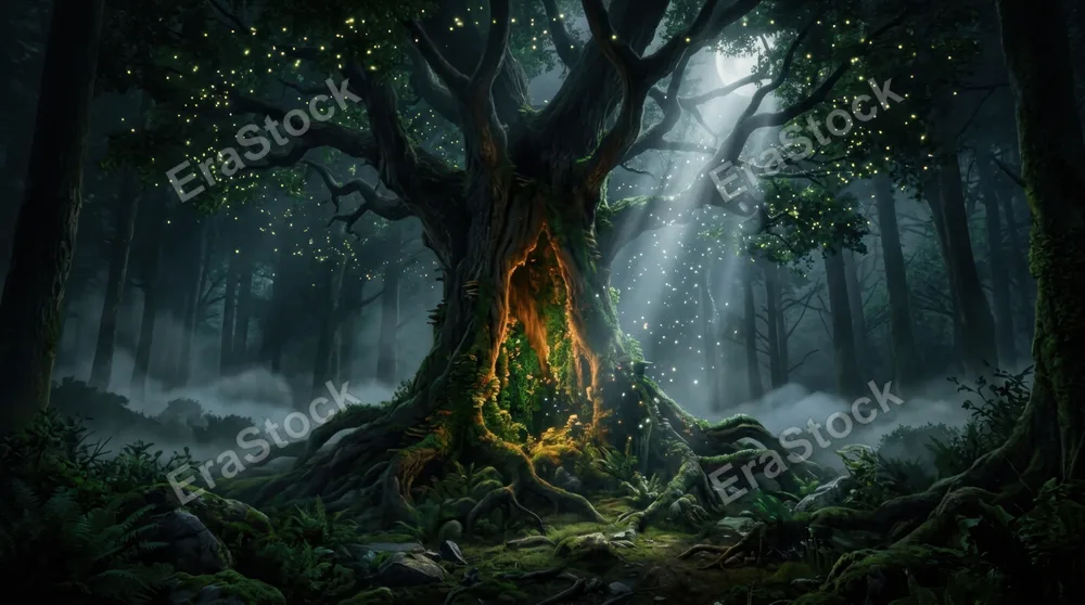 A massive ancient tree with an enormous hollow trunk glowing from within, bioluminescent moss coating the interior walls, tiny magical spores drifting upward through a