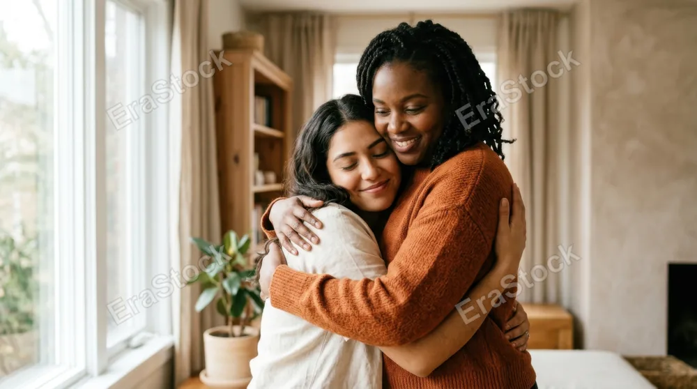 Two people of different backgrounds exchanging a warm embrace in a sunlit interior space, fabric textures and warm skin tones blending softly, natural window light