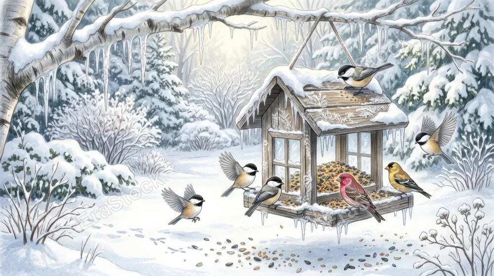 Winter bird feeder surrounded by snowy branches and hanging icicles, chickadees and finches gathered for seeds, frost patterns decorating wooden structure, scattered