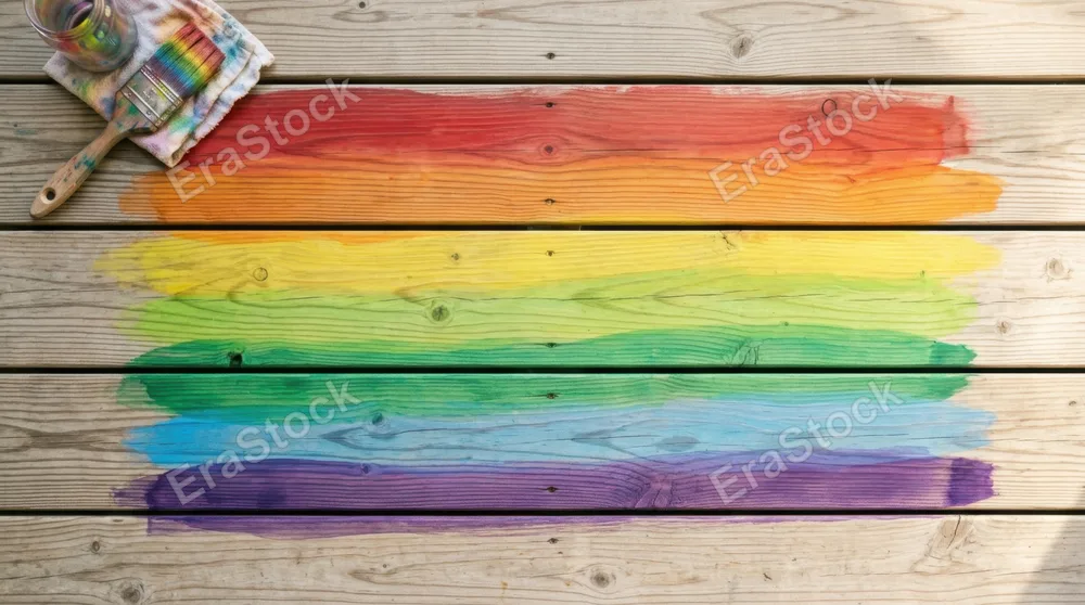 Multiple rainbow paint stripes layered horizontally across smooth wooden deck planks, each band blended seamlessly with slight transparency where colors overlap, creating