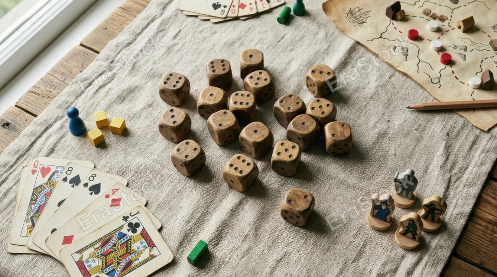 Overhead flat-lay composition of scattered wooden dice on a linen game cloth, various numbered faces visible on vintage-style cubes, playing cards and game pieces