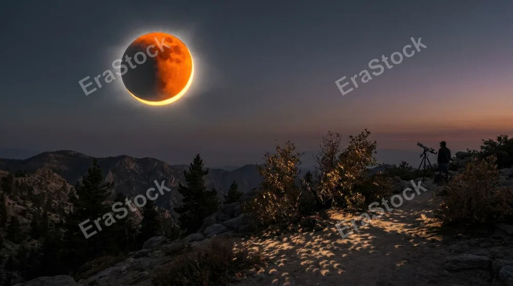 Solar eclipse in progress, moon gradually sliding across the sun's bright disc, creating a thin crescent of golden light around the moon's silhouette, corona faintly