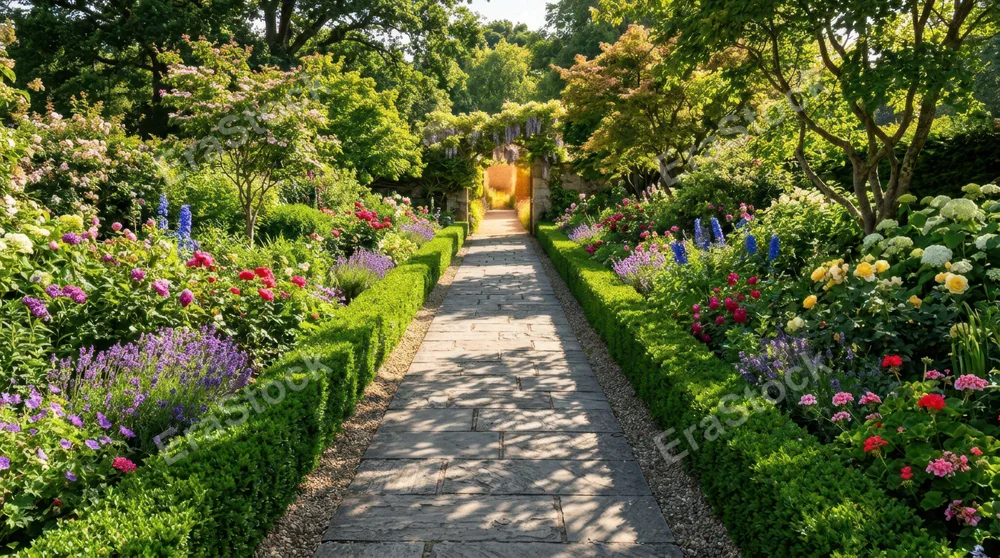 A straight garden pathway bordered by precisely trimmed hedges and flowering bushes in full bloom, strong directional sunlight creating geometric shadows on the path