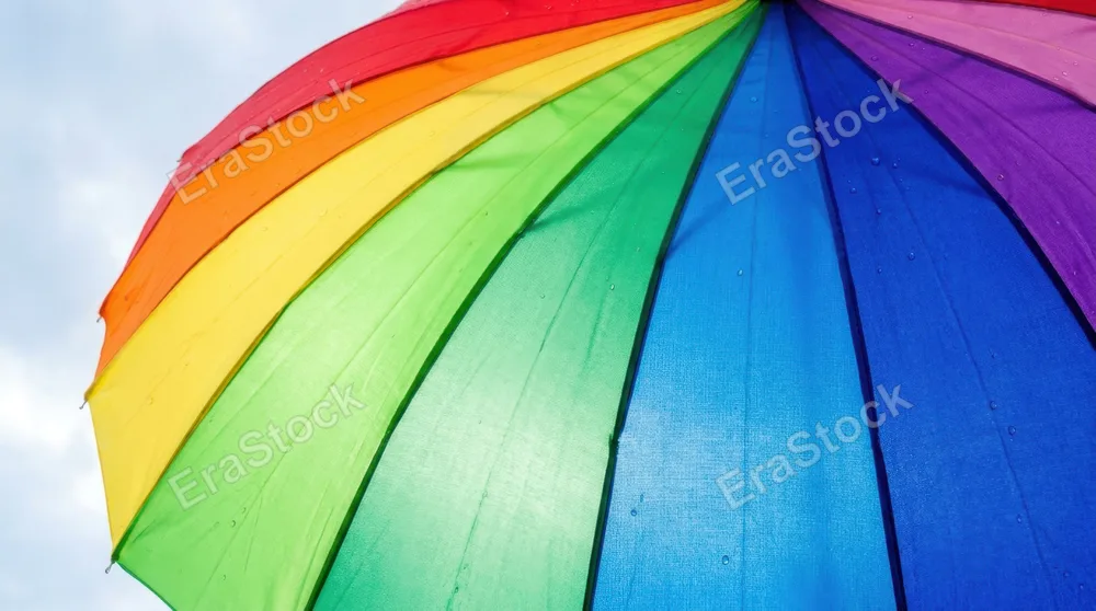 Close-up of a rainbow umbrella canopy fully opened against an overcast sky, each color segment sharply defined with fine fabric texture visible, water beads clinging to