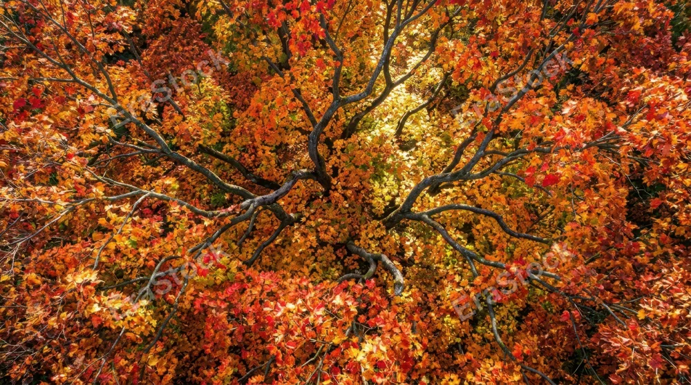 Surreal bird's-eye view of a sprawling maple tree canopy from directly above, vibrant autumn foliage in reds oranges and golds creating organic mosaic patterns, curved