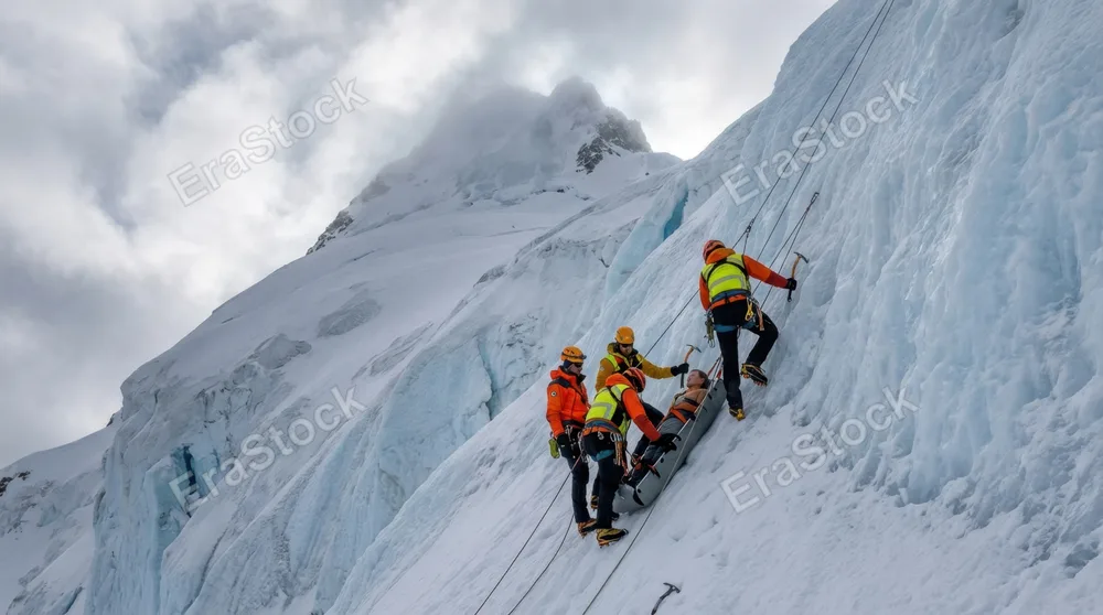 Mountain rescue team training exercise on a glaciated peak in winter conditions, three team members in bright orange and yellow gear ascending a near-vertical ice face on fixed ropes, axes and