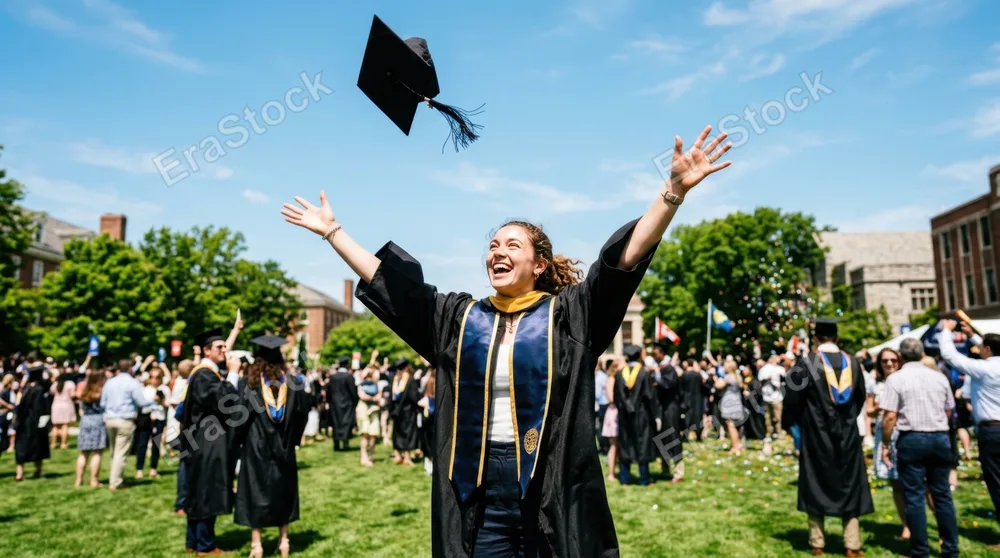 Recent graduate tossing academic cap high into air during outdoor celebration, arms outstretched mid-motion, cap frozen against bright blue sky, other graduates visible