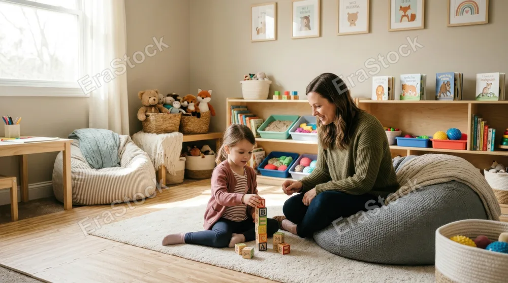 Cozy therapeutic play space designed for children, featuring soft bean bags, interactive toys on low shelves, colorful sensory materials, alphabet blocks, stuffed animals