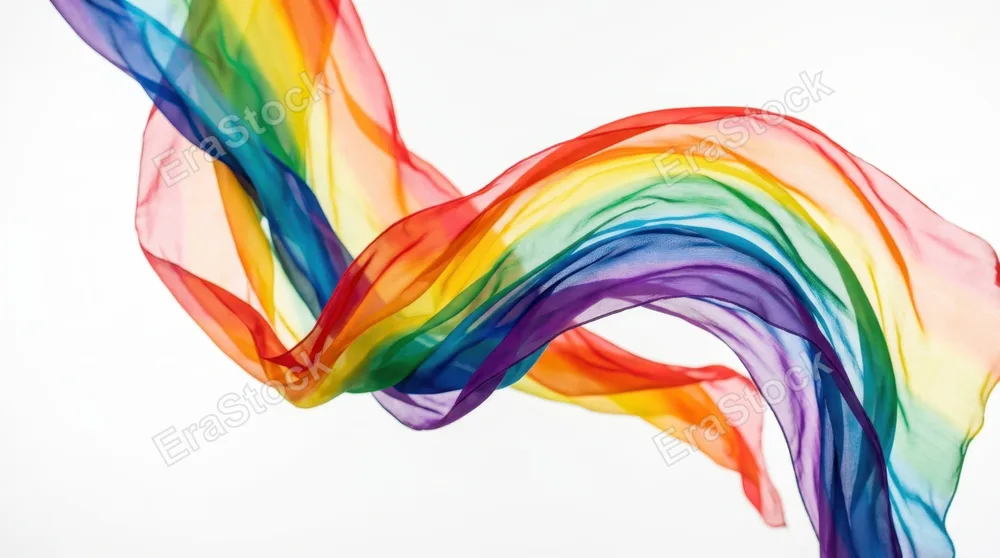 Billowing rainbow silk fabric caught mid-flutter against a bright white studio backdrop, each color band distinct and vibrant as the material suspends in elegant waves,
