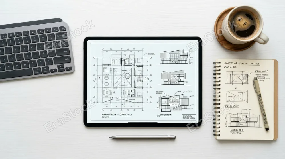 Overhead flat lay of a tablet resting on a clean white desk surrounded by a stylus, wireless keyboard, coffee cup, and open notebook, the screen showing architectural