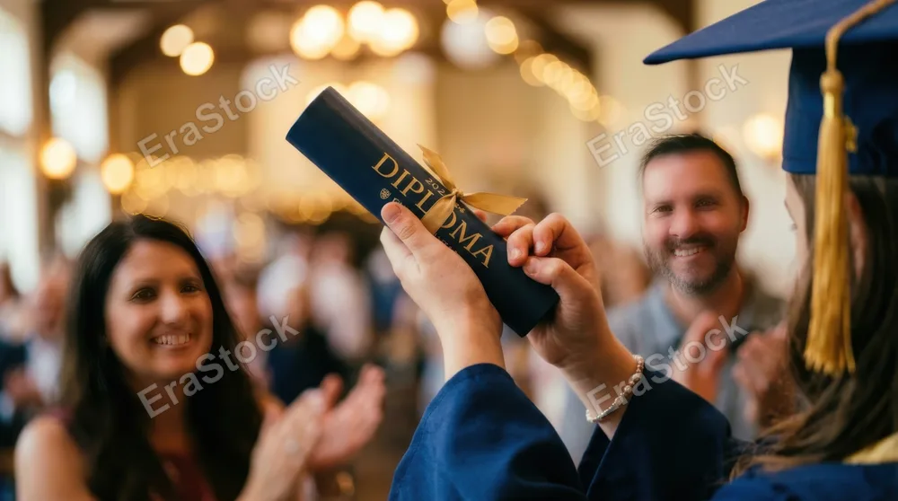 Close-up of child's hands clutching newly earned diploma with fingers trembling slightly from emotion, mortarboard cap visible at edge of frame, blurred silhouettes of