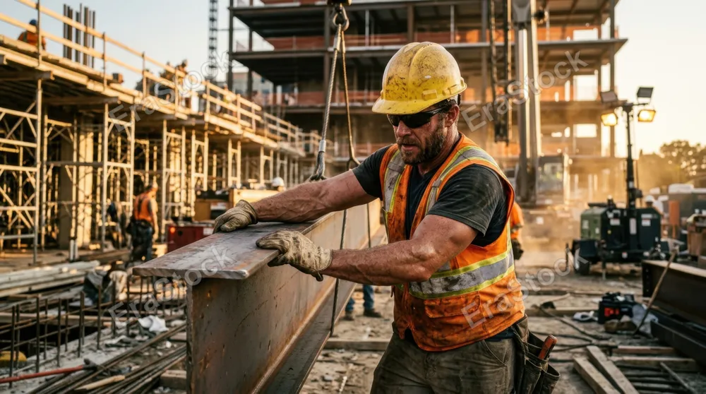 Muscular construction worker in hard hat and safety vest gripping a steel beam mid-lift on an active job site, sweat visible on forearms, concentrated expression, heavy