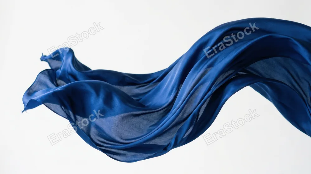 Billowing blue silk fabric caught mid-motion against a bright white studio background, soft folds creating organic shadows and highlights, delicate texture visible with