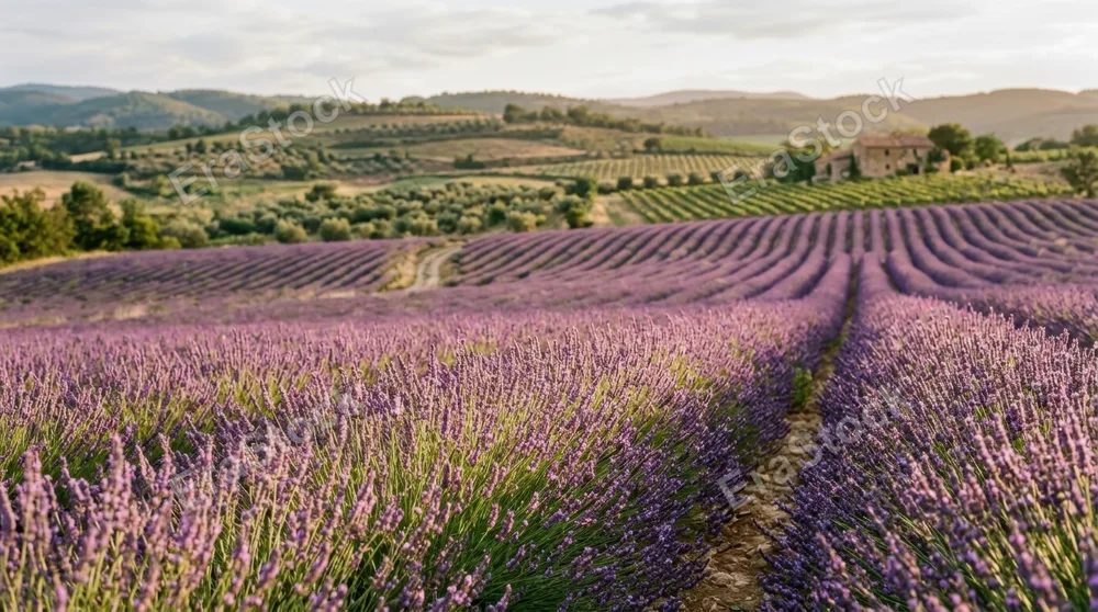 an expansive view of a serene meadow filled with vibrant lavender flowers swaying gently in the breeze, set against a soft blur of muted greens and neutrals that evoke an